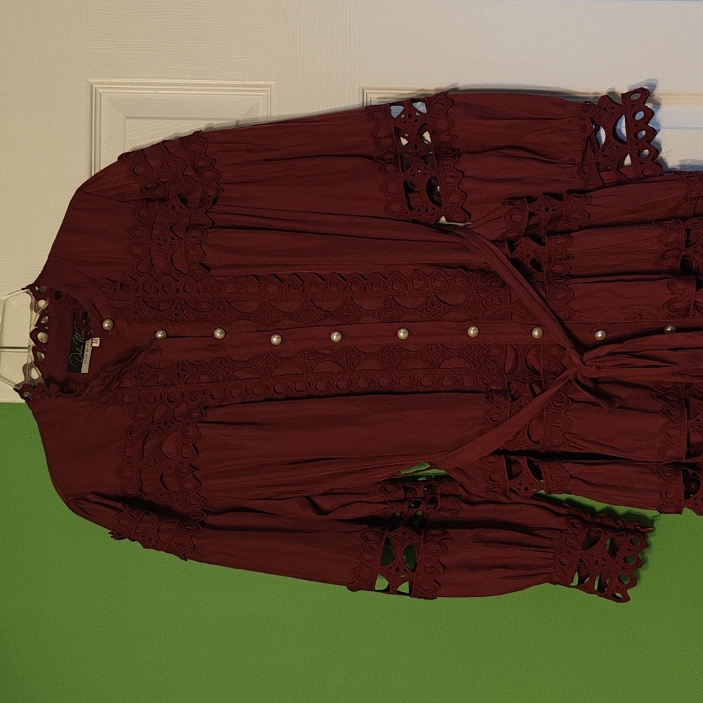 Burgundy Long Sleeve Crochet Trim Dress - Picture 4 of 15